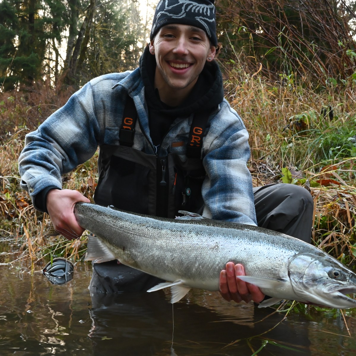 Person crouching in water holding a large fish with a forest backdrop.