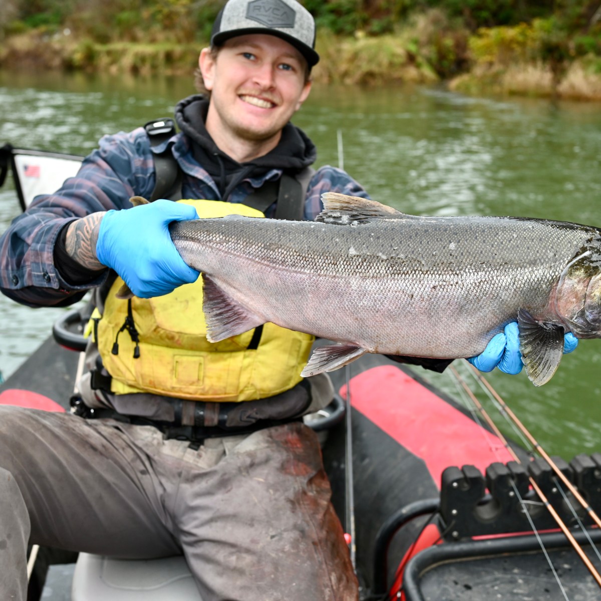 Person in a boat holding a large fish, wearing a cap, yellow vest, and blue gloves on a river.