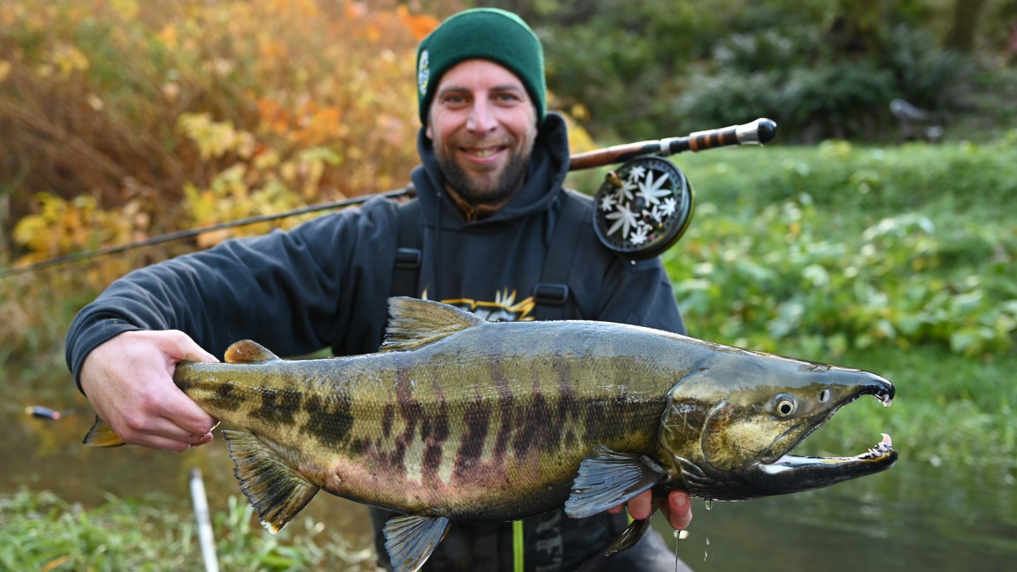 Man in green beanie holding a large fish by a river.